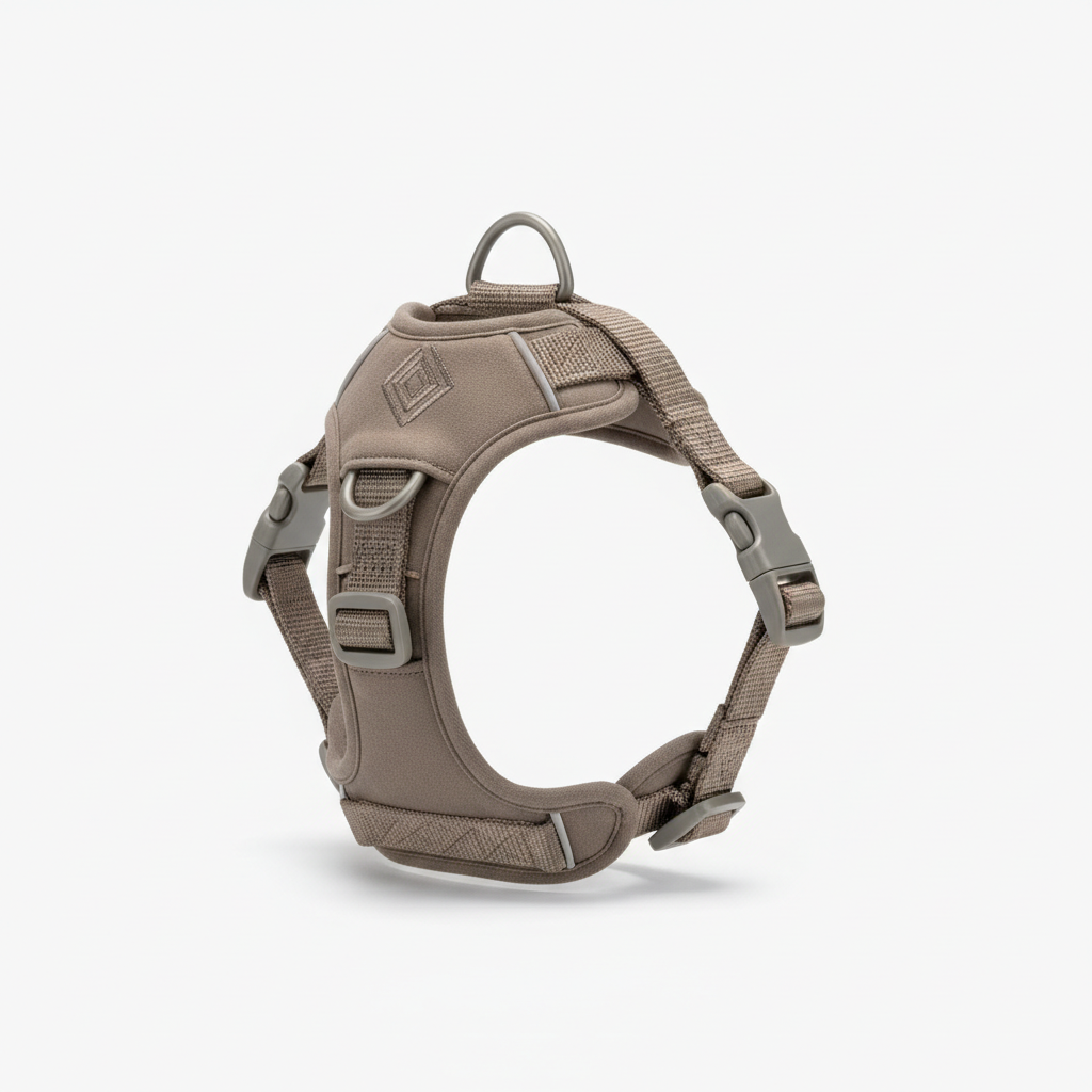 Adjustable no-pull dog harness in neutral color on white background