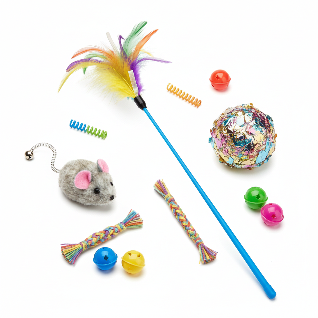 Colorful cat toy set including feather wand, crinkle balls, and mouse toys
