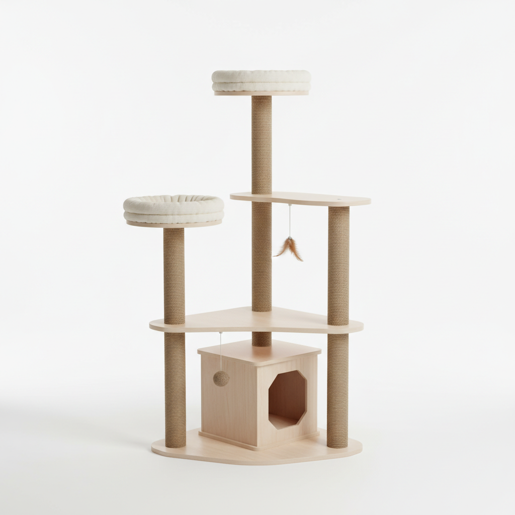 Multi-level cat tree with sisal scratching posts, cozy perches, and hanging toys