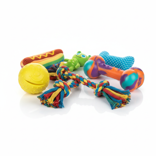 Colorful dog toy bundle including rope toy, squeaky ball, and chew toy on white background